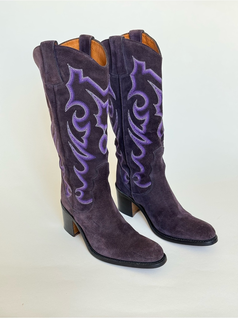 Free Lance Paris Rare Women's Purple Suede Embroidered Western Heeled Boots